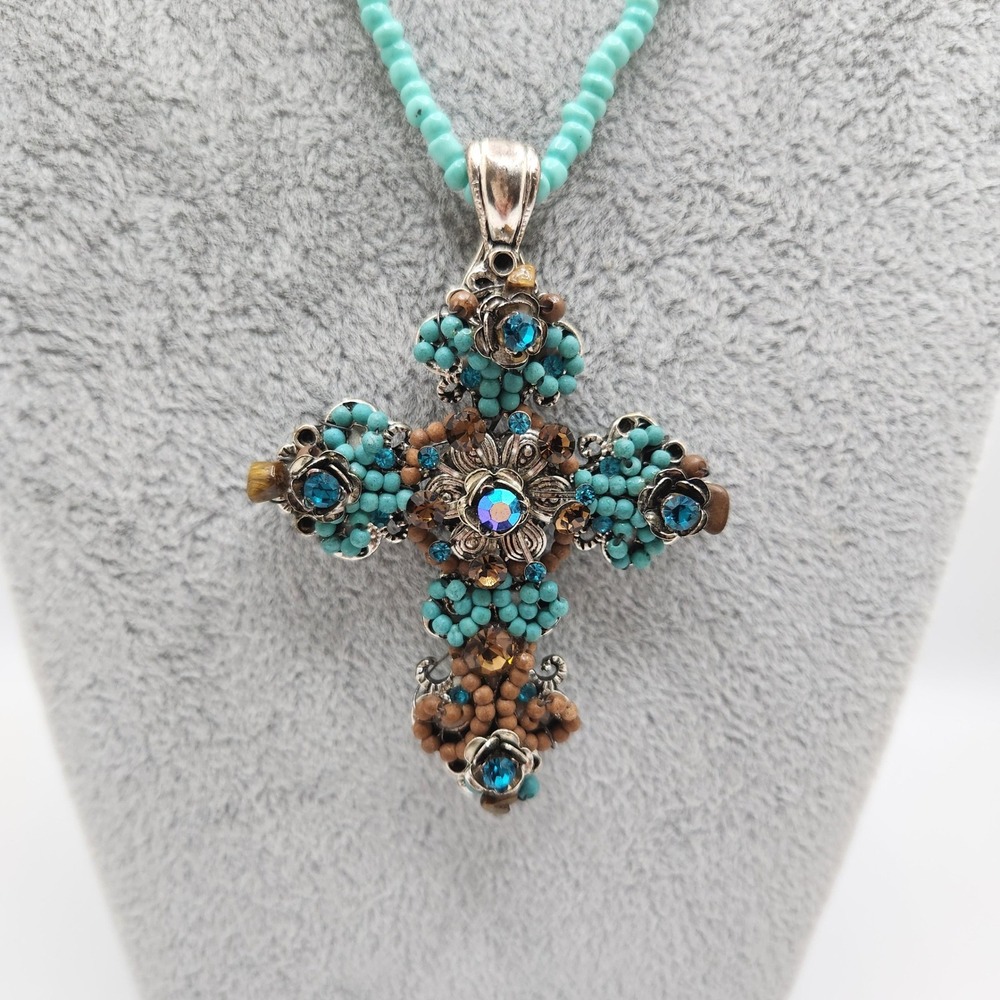 Rhinestone Cross Necklace Turquoise Austrian Crystal Beaded Southwest